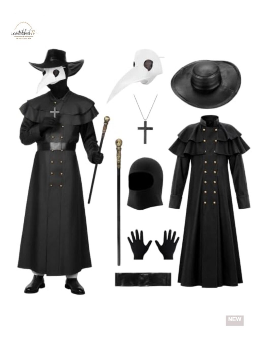 Medieval Plague Doctor Costume Set 8Pcs Robe Bird Beak Mask Halloween Cosplay